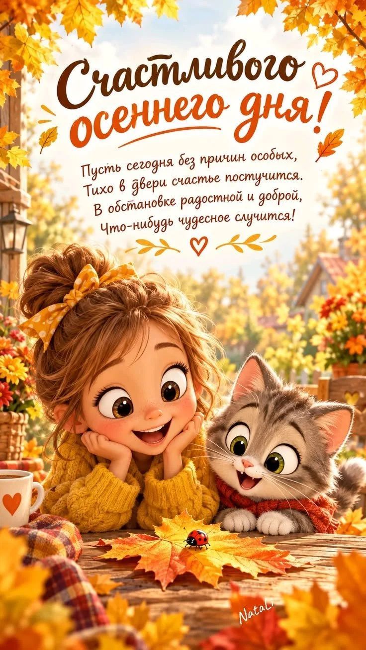 Счастливого осеннего дня! Пусть сегодня без причин особых, Тихо в двери счастье постучится. В обстановке радостной и доброй, Что-нибудь чудесное случится!