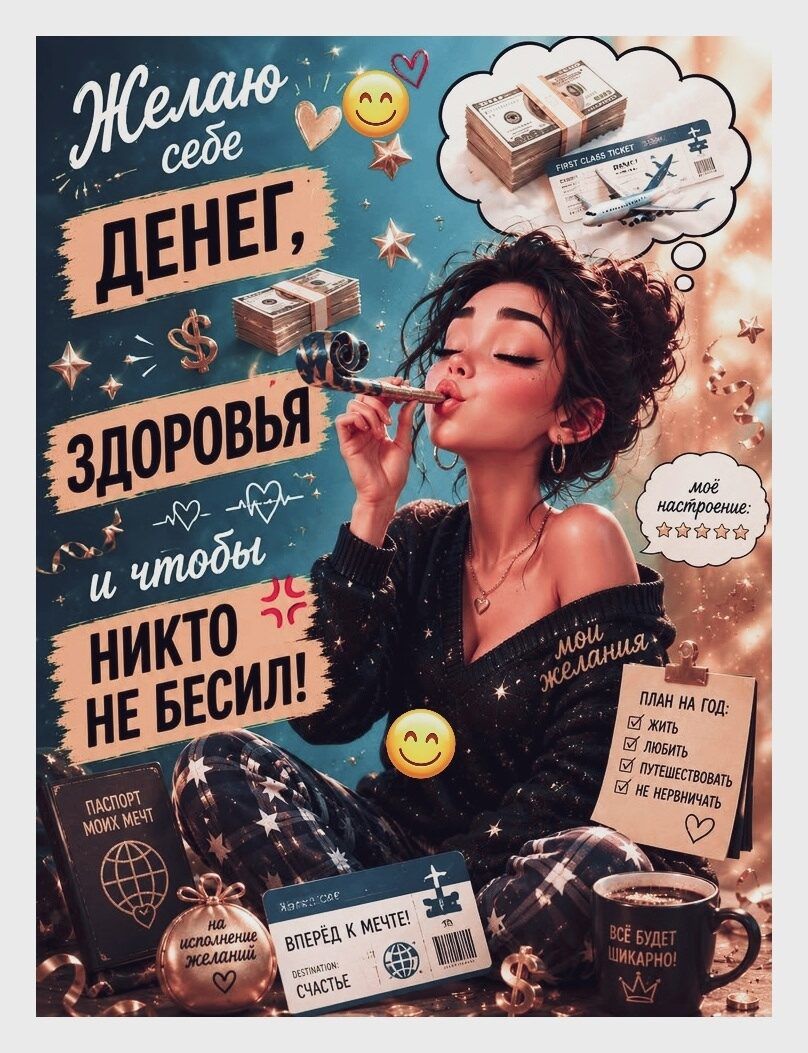 Желаю себе ДЕНЕГ, ЗДОРОВЬЯ и чтобы НИКТО НЕ БЕСИЛ! моё настроение: ⭐⭐⭐⭐⭐ МОИ ЖЕЛАНИЯ ПЛАН НА ГОД: ✅ ЖИТЬ ✅ ЛЮБИТЬ ✅ ПУТЕШЕСТВОВАТЬ ✅ НЕ НЕРВНИЧАТЬ ПАСПОРТ МОИХ МЕЧТ на исполнение желаний Вперёд к мечте! DESTINATION: СЧАСТЬЕ ВСЁ БУДЕТ ШИКАРНО! FIRST CLASS TICKET