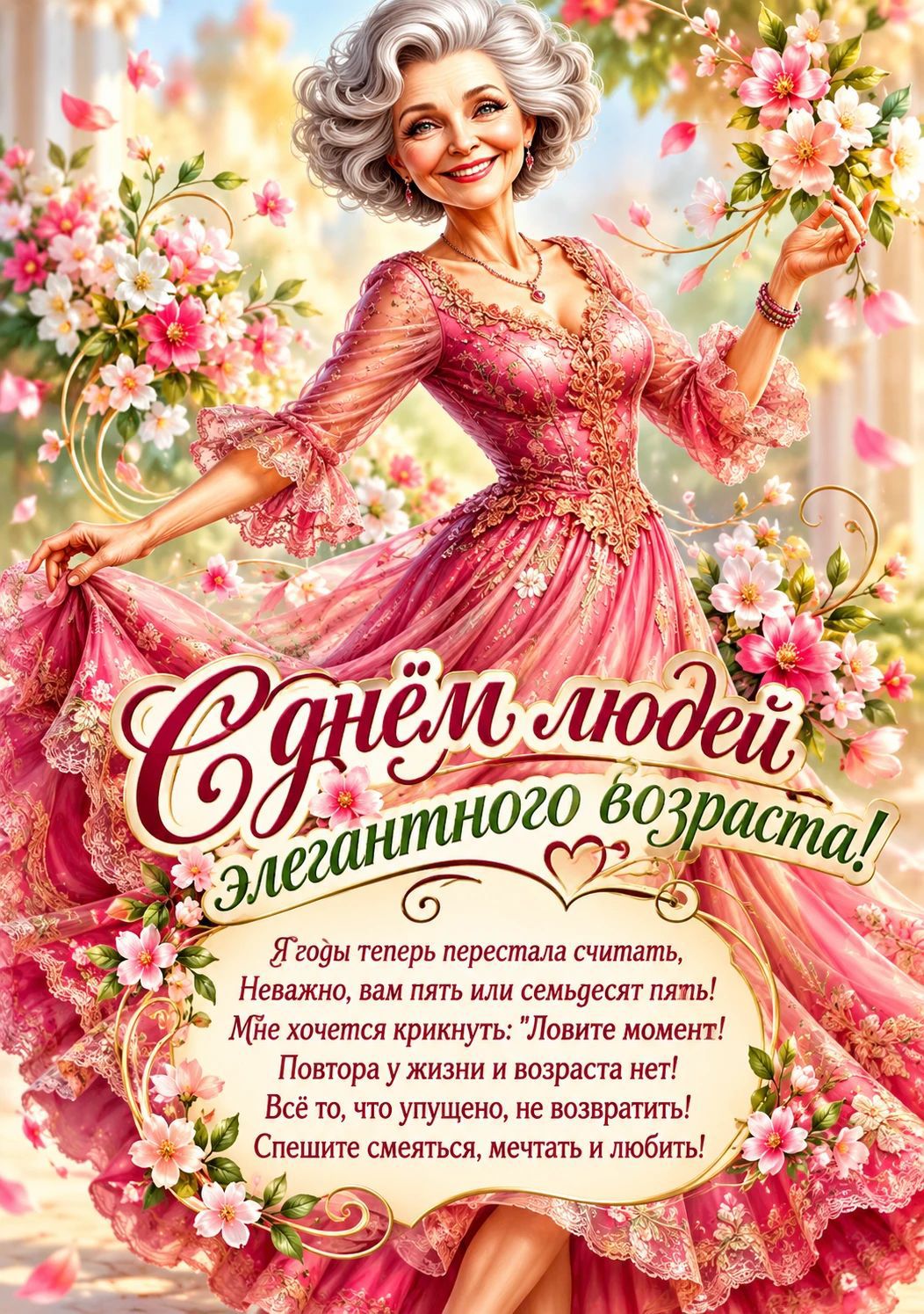 С Днём людей элегантного возраста! Я годы теперь перестала считать, Неважно, вам пять или семьдесят пять! Мне хочется крикнуть: 'Ловите момент! Повтора у жизни и возраста нет! Всё то, что упущено, не возвратить! Спешите смеяться, мечтать и любить!'