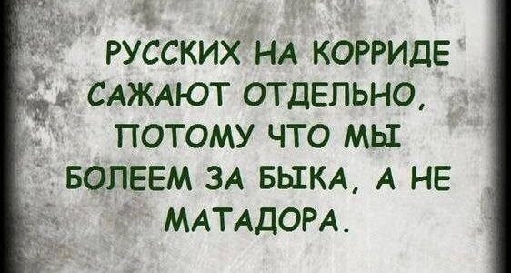 Русских на корриде сажают отдельно, потому что мы болеем за быка, а не матадора.