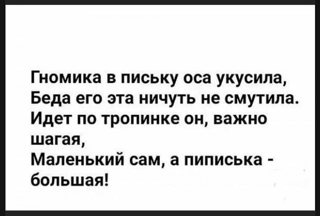 Гномика в письку оса укусила, Беда его эта ничуть не смутила. Идет по тропинке он, важно шагая, Маленький сам, а пиписька - большая!
