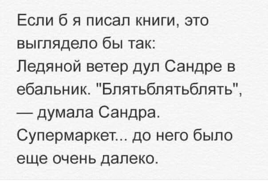 Если б я писал книги, это выглядело бы так: Ледяной ветер дул Сандре в ебальник. 