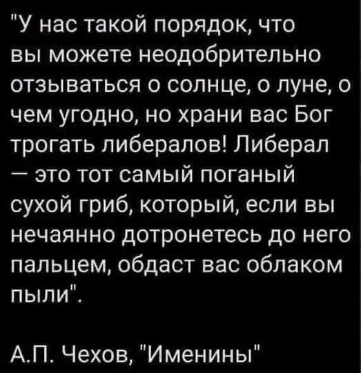 У нас такой порядок, что вы можете неодобрительно отзываться о солнце, о луне, о чем угодно, но храни вас Бог трогать либералов! Либерал — это тот самый поганый сухой гриб, который, если вы нечаянно дотронетесь до него пальцем, обдаст вас облаком пыли. А.П. Чехов, 