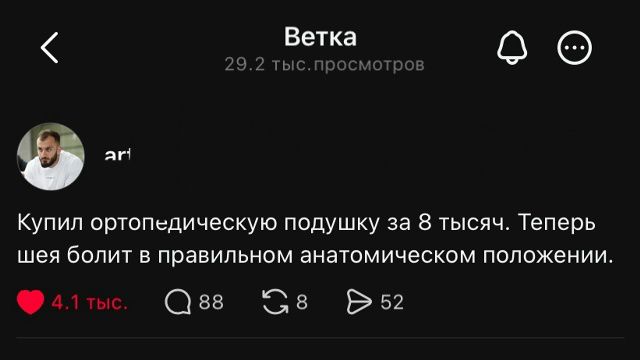 Ветка 29.2 тыс. просмотров ar Купил ортопедическую подушку за 8 тысяч. Теперь шея болит в правильном анатомическом положении. 4.1 тыс. 88 52