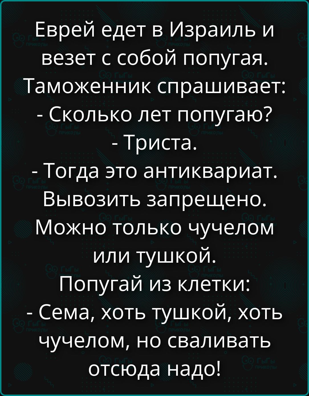 Еврей едет в Израиль и везет с собой попугая. Таможенник спрашивает: - Сколько лет попугаю? - Триста. - Тогда это антиквариат. Вывозить запрещено. Можно только чучелом или тушкой. Попугай из клетки: - Сема, хоть тушкой, хоть чучелом, но сваливать отсюда надо!