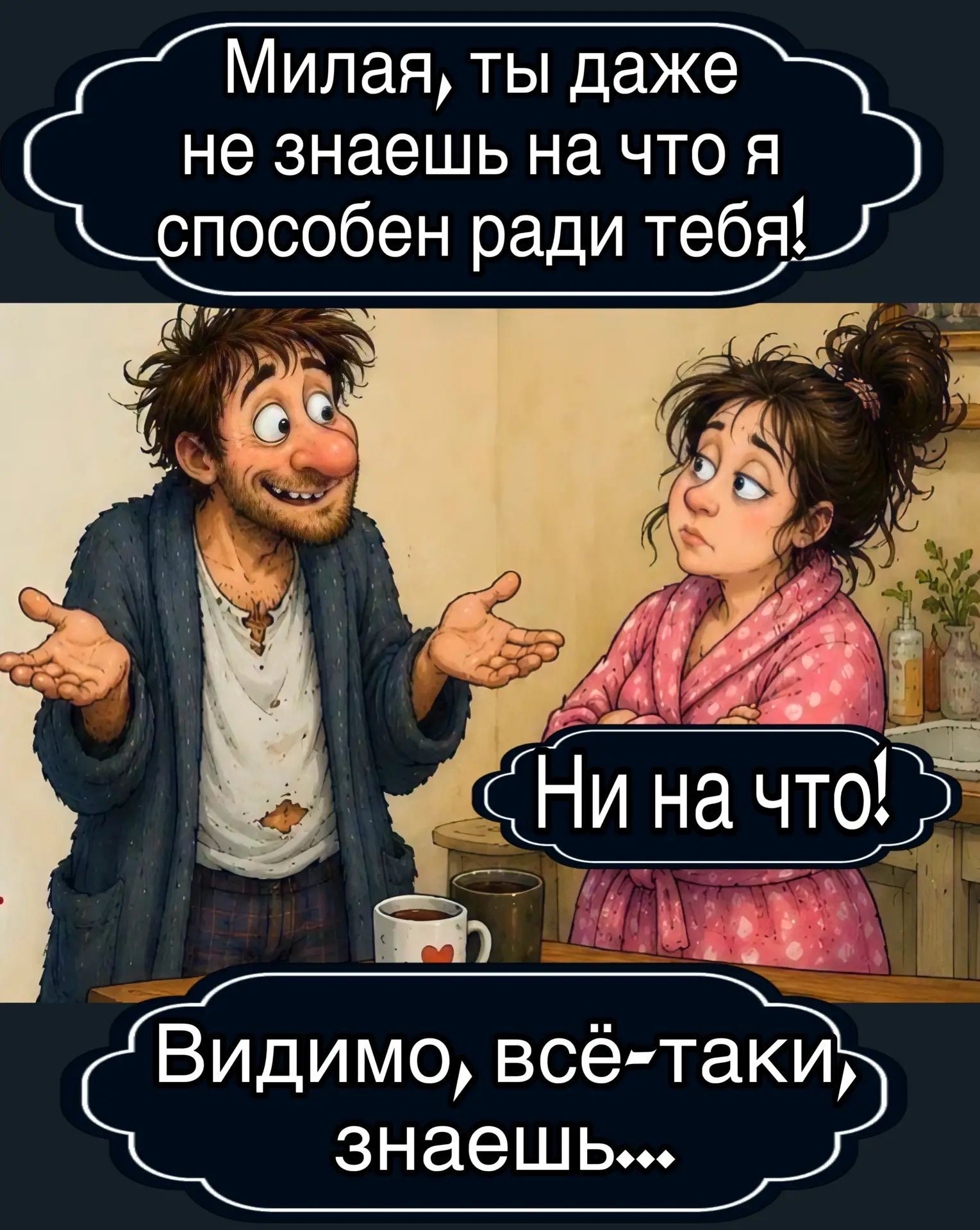 Милая, ты даже не знаешь на что я способен ради тебя! Ни на что! Видимо, всё-таки знаешь...