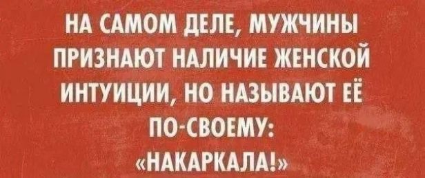НА САМОМ ДЕЛЕ, МУЖЧИНЫ ПРИЗНАЮТ НАЛИЧИЕ ЖЕНСКОЙ ИНТУИЦИИ, НО НАЗЫВАЮТ ЕЁ ПО-СВОЕМУ: «НАКАРКАЛА!»
