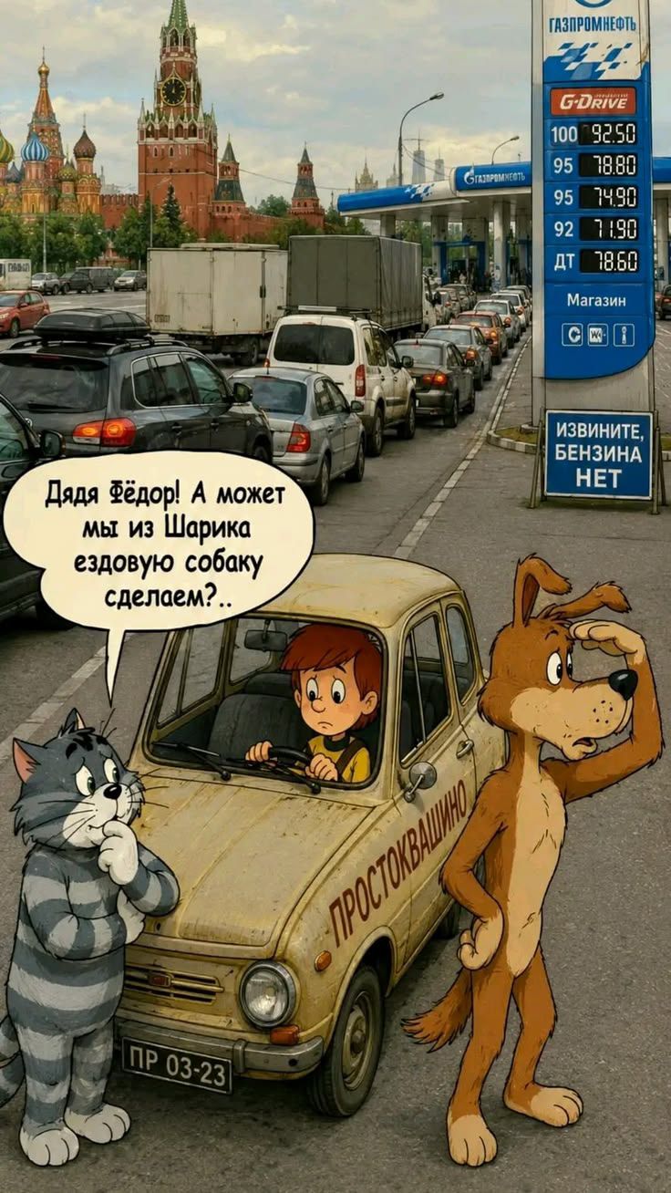 Дядя Фёдор! А может мы из Шарика ездовую собаку сделаем?.. ГАЗПРОМНЕФТЬ 100 92.50 95 78.80 95 74.90 92 71.90 ДТ 78.60 Магазин ИЗВИНИТЕ, БЕНЗИНА НЕТ ПРОСТОКВАШИНО ПР 03-23