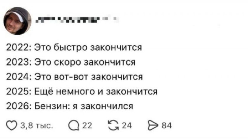 2022: Это быстро закончится 2023: Это скоро закончится 2024: Это вот-вот закончится 2025: Ещё немного и закончится 2026: Бензин: я закончился