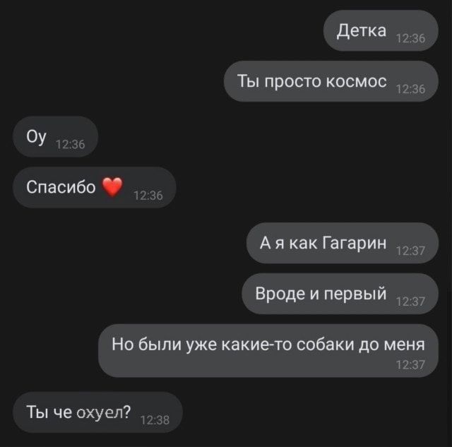 Детка, Ты просто космос. Оу, Спасибо ❤️. А я как Гагарин, Вроде и первый, Но были уже какие-то собаки до меня. Ты че охуел?