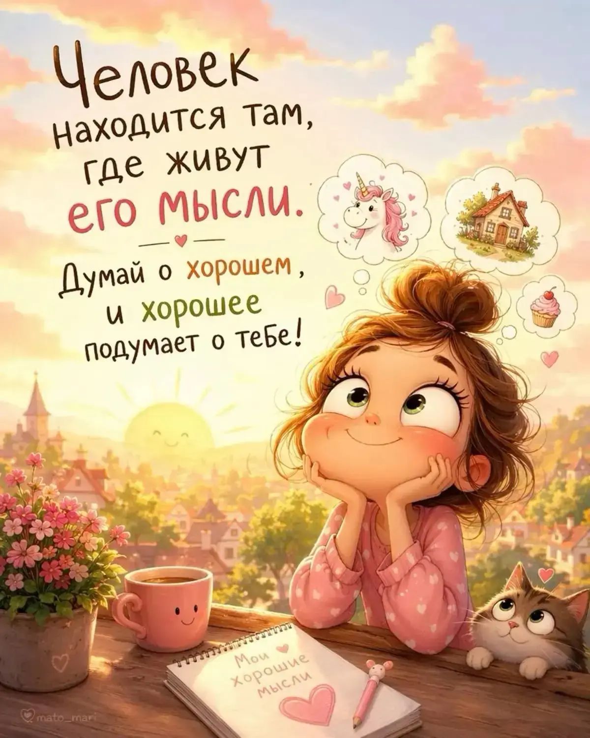 Человек находится там, где живут его мысли. Думай о хорошем, и хорошее подумает о тебе! Мои хорошие мысли
