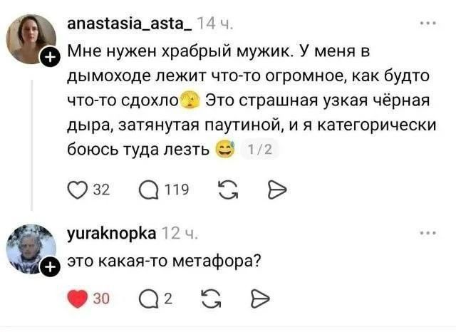 anastasia_asta 14 ч. Мне нужен храбрый мужик. У меня в дымоходе лежит что-то огромное, как будто что-то сдохло Это страшная узкая чёрная дыра, затянутая паутиной, и я категорически боюсь туда лезть 1/2 32 119 5 yuraknópka 12 ч. это какая-то метафора?