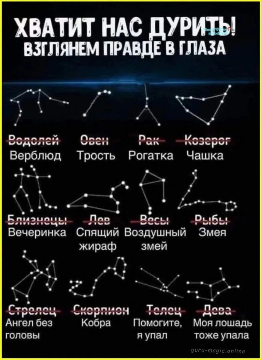 ХВАТИТ НАС ДУРИТЬ! ВЗГЛЯНЕМ ПРАВДЕ В ГЛАЗА Водолей Верблюд Овен Трост Рак Рогатка Козерог Чашка Близнецы Вечеринка Лев Спящий жираф Весы Воздушный змей Рыбы Змея Стрелец Ангел без головы Скорпион Кобра Телец Помогите, я упал Дева Моя лошадь тоже упала guru-magic.online