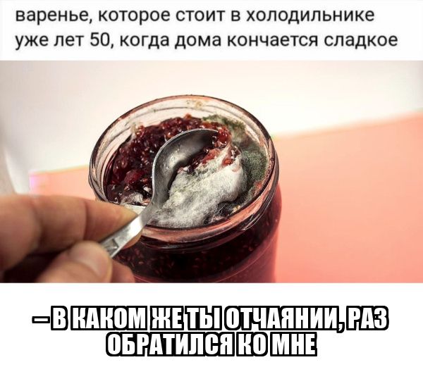 варенье, которое стоит в холодильнике уже лет 50, когда дома кончается сладкое — В каком же ты отчаянии, раз обратился ко мне