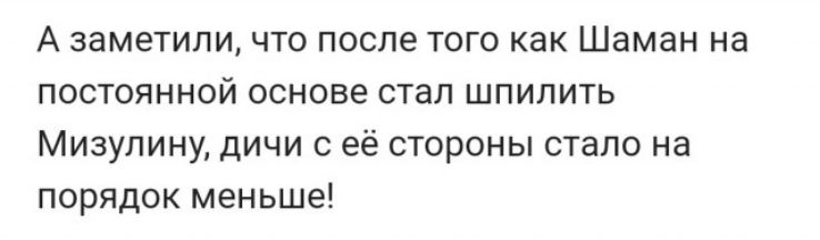 А заметили, что после того как Шаман на постоянной основе стал шпилить Мизулину, дичи с её стороны стало на порядок меньше!