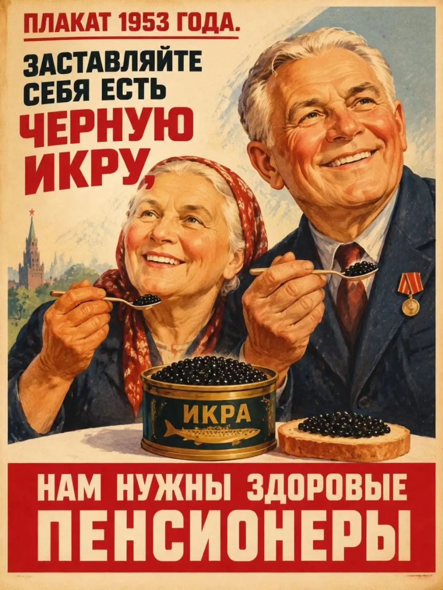 ПЛАКАТ 1953 ГОДА. ЗАСТАВЛЯЙТЕ СЕБЯ ЕСТЬ ЧЕРНУЮ ИКРУ, НАМ НУЖНЫ ЗДОРОВЫЕ ПЕНСИОНЕРЫ