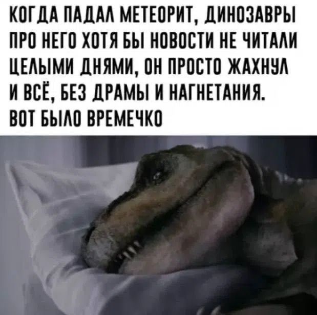 КОГДА ПАДАЛ МЕТЕОРИТ, ДИНОЗАВРЫ ПРО НЕГО ХОТЯ БЫ НОВОСТИ НЕ ЧИТАЛИ ЦЕЛЫМИ ДНЯМИ, ОН ПРОСТО ЖАХНУЛ И ВСЁ, БЕЗ ДРАМЫ И НАГНЕТАНИЯ. ВОТ БЫЛО ВРЕМЕЧКО