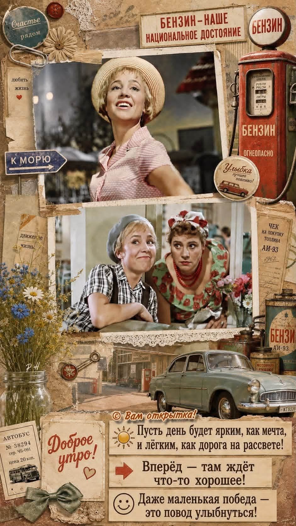 Счастье рядом. БЕНЗИН – НАШЕ НАЦИОНАЛЬНОЕ ДОСТОЯНИЕ. БЕНЗИН ОГНЕОПАСНО. Улыбка лучшее топливо! К МОРЮ. любить жизнь. движение жизнь. ЧЕК на покупку топлива АИ-93 1962. АВТОБУС № 38294 сер. ЧБ-091 цена 20 коп. Доброе утро! Вам открытка! Пусть день будет ярким, как мечта, и лёгким, как дорога на рассвете! Вперёд — там ждёт что-то хорошее! Даже
