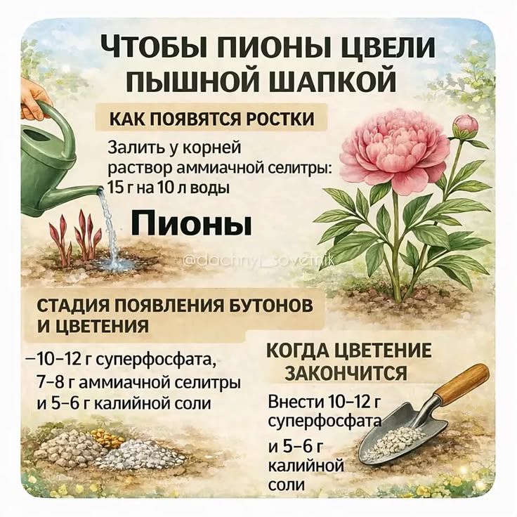 ЧТОБЫ ПИОНЫ ЦВЕЛИ ПЫШНОЙ ШАПКОЙ КАК ПОЯВЯТСЯ РОСТКИ Залить у корней раствор аммиачной селитры: 15 г на 10 л воды Пионы @dachniy_sovetnik СТАДИЯ ПОЯВЛЕНИЯ БУТОНОВ И ЦВЕТЕНИЯ -10-12 г суперфосфата, 7-8 г аммиачной селитры и 5-6 г калийной соли КОГДА ЦВЕТЕНИЕ ЗАКОНЧИТСЯ Внести 10-12 г суперфосфата и 5-6 г калийной соли