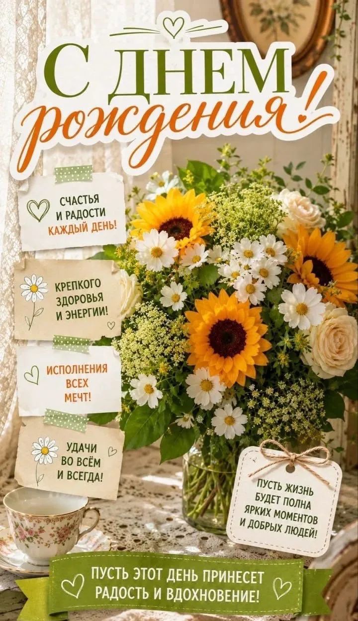 С днем рождения! Счастья и радости каждый день! Крепкого здоровья и энергии! Исполнения всех мечт! Удачи во всём и всегда! Пусть жизнь будет полна ярких моментов и добрых людей! Пусть этот день принесет радость и вдохновение!