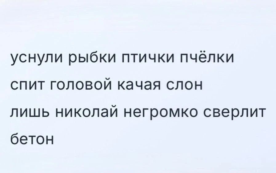 уснули рыбки птички пчёлки спит головой качая слон лишь николай негромко сверлит бетон