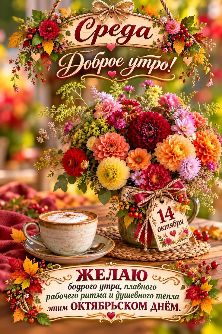 Среда Доброе утро! 14 октября ЖЕЛАЮ бодрого утра, плавного рабочего ритма и душевного тепла этим октябрьским днём.