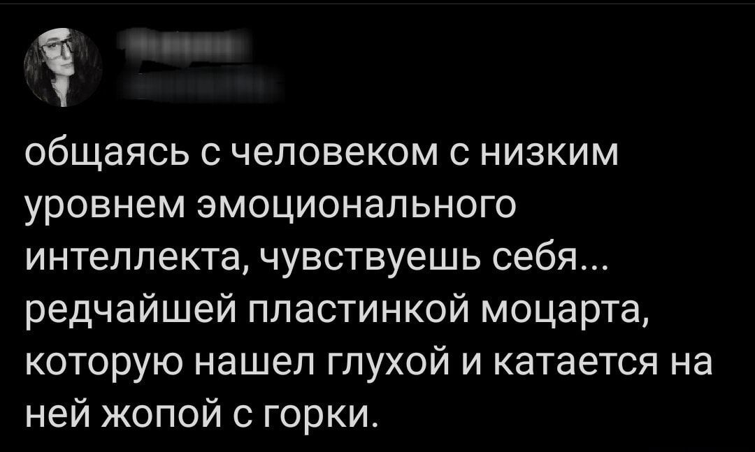 общаясь с человеком с низким уровнем эмоционального интеллекта, чувствуешь себя... редчайшей пластинкой моцарта, которую нашел глухой и катается на ней жопой с горки.