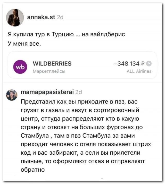 Я купила тур в Турцию ... на вайлдберис У меня все. WILDERRIES Маркетплейсы -348 134 Р ALL Airlines Представил как вы приходите в пвз, вас грузят в газель и везут в сортировочный центр, оттуда распределяют кто в какую страну и отвозят на больших фургонах до Стамбула, там в пвз Стамбула за вами приходит человек с отеля показывает штрих код и вас
