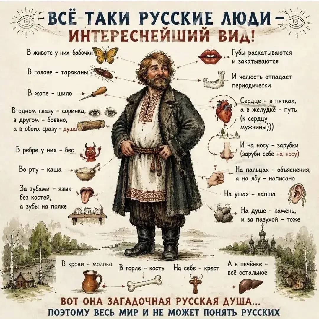 ВСЁ ТАКИ РУССКИЕ ЛЮДИ ИНТЕРЕСНЕЙШИЙ ВИД! В животе у них — бабочки. Губы раскатываются и закатываются. В голове — тараканы. И челюсть отпадает периодически. В жопе — шило. Сердце — в пятках, а в желудке — путь (к сердцу мужчины))). В одном глазу — соринка, в другом — бревно, а в обоих сразу — душа. И на носу — зарубки (заруби себе на носу). В ребре