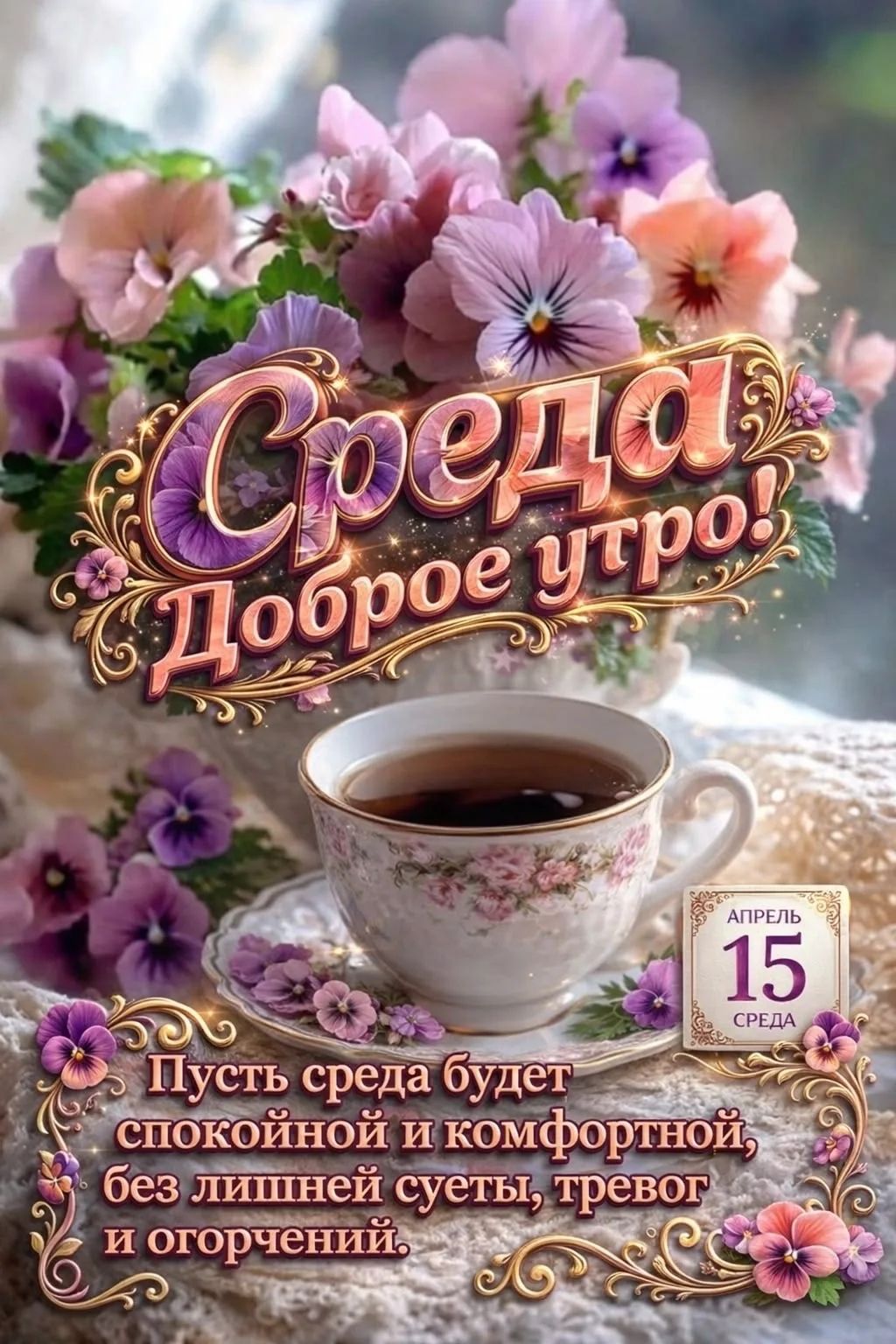 Среда Доброе утро! Апрель 15 Среда Пусть среда будет спокойной и комфортной, без лишней суеты, тревог и огорчений.