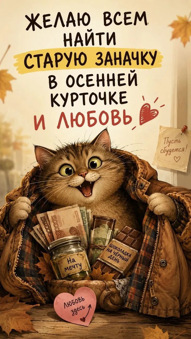 ЖЕЛАЮ ВСЕМ НАЙТИ СТАРУЮ ЗАНАЧКУ В ОСЕННЕЙ КУРТОЧКЕ И ЛЮБОВЬ. Пусть сбудется! На мечту. ШОКОЛАДКА НА ЧЁРНЫЙ ДЕНЬ. ЛЮБОВЬ здесь