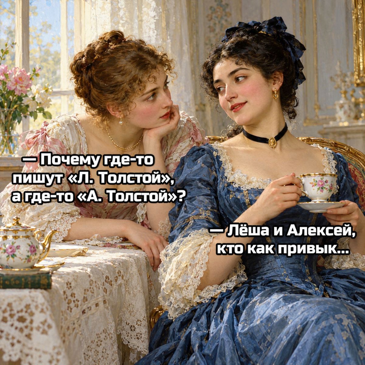 — Почему где-то пишут «Л. Толстой», а где-то «А. Толстой»? — Лёша и Алексей, кто как привык...