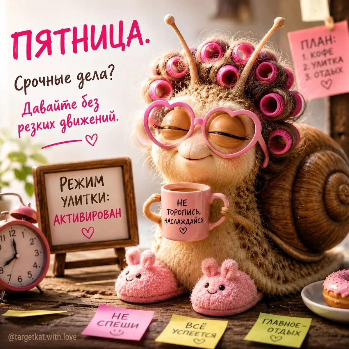 ПЯТНИЦА. Срочные дела? Давайте без резких движений. Режим улитки: активирован. План: 1. кофе, 2. улитка, 3. отдых. Не торопись, наслаждайся. Не спеши, всё успеется, главное — отдых.