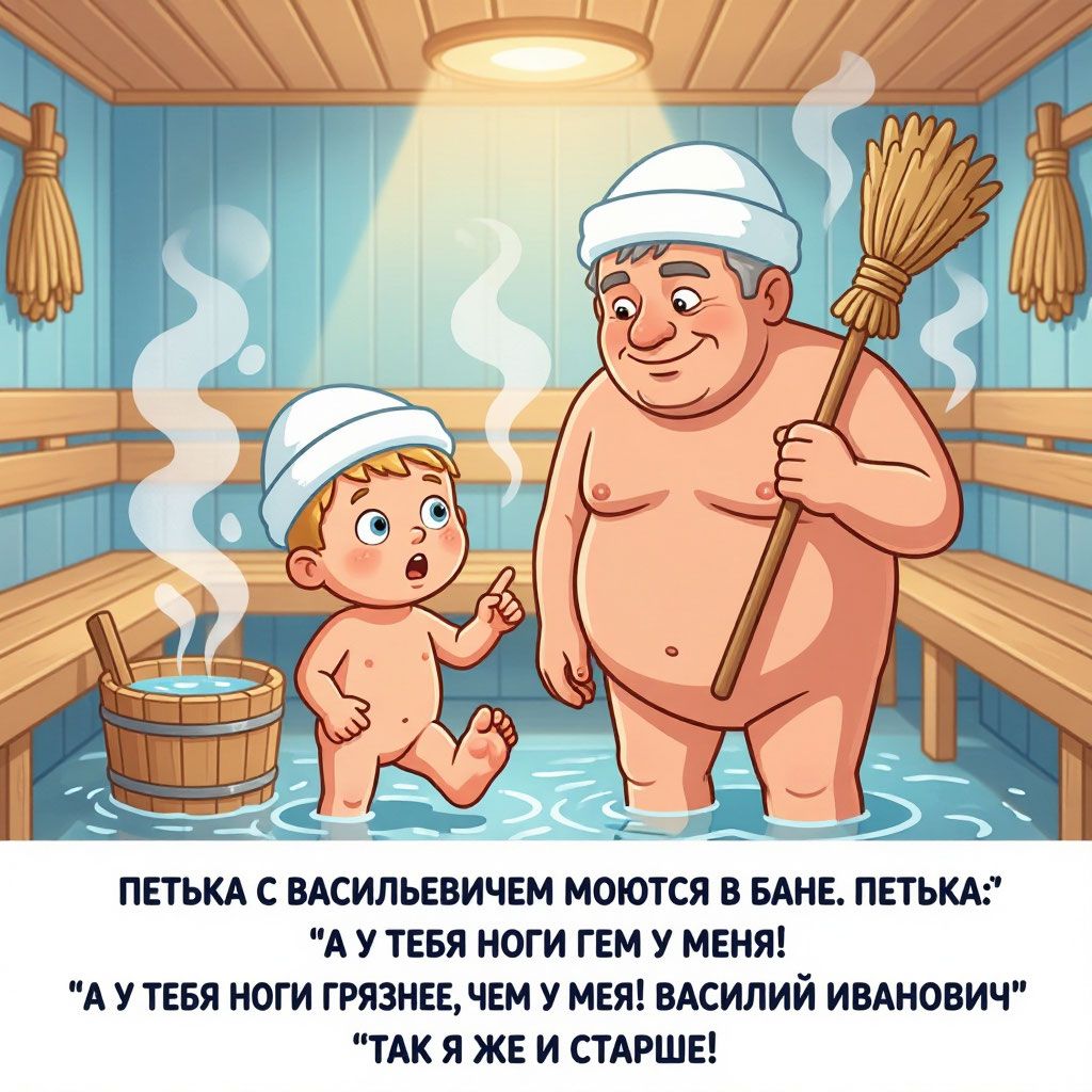 Петька с Васильевичем моются в бане. Петька: 