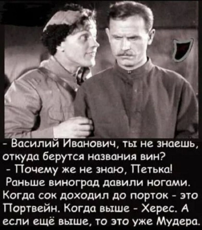- Василий Иванович, ты не знаешь, откуда берутся названия вин?
- Почему же не знаю, Петька! Раньше виноград давили ногами. Когда сок доходил до порток - это Портвейн. Когда выше - Херес. А если ещё выше, то это уже Мудера.