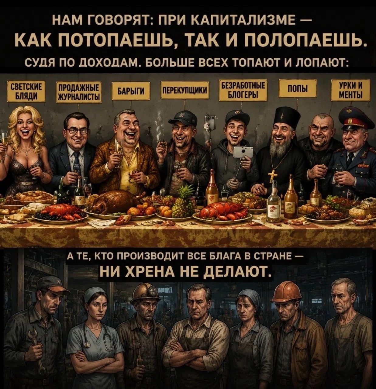 НАМ ГОВОРЯТ: ПРИ КАПИТАЛИЗМЕ — КАК ПОТОПАЕШЬ, ТАК И ПОЛОПАЕШЬ. СУДЯ ПО ДОХОДАМ. БОЛЬШЕ ВСЕХ ТОПАЮТ И ЛОПАЮТ: СВЕТСКИЕ БЛЯДИ, ПРОДАЖНЫЕ ЖУРНАЛИСТЫ, БАРЫГИ, ПЕРЕКУПЩИКИ, БЕЗРАБОТНЫЕ БЛОГЕРЫ, ПОПЫ, УРКИ И МЕНТЫ. А ТЕ, КТО ПРОИЗВОДИТ ВСЕ БЛАГА В СТРАНЕ — НИ ХРЕНА НЕ ДЕЛАЮТ.