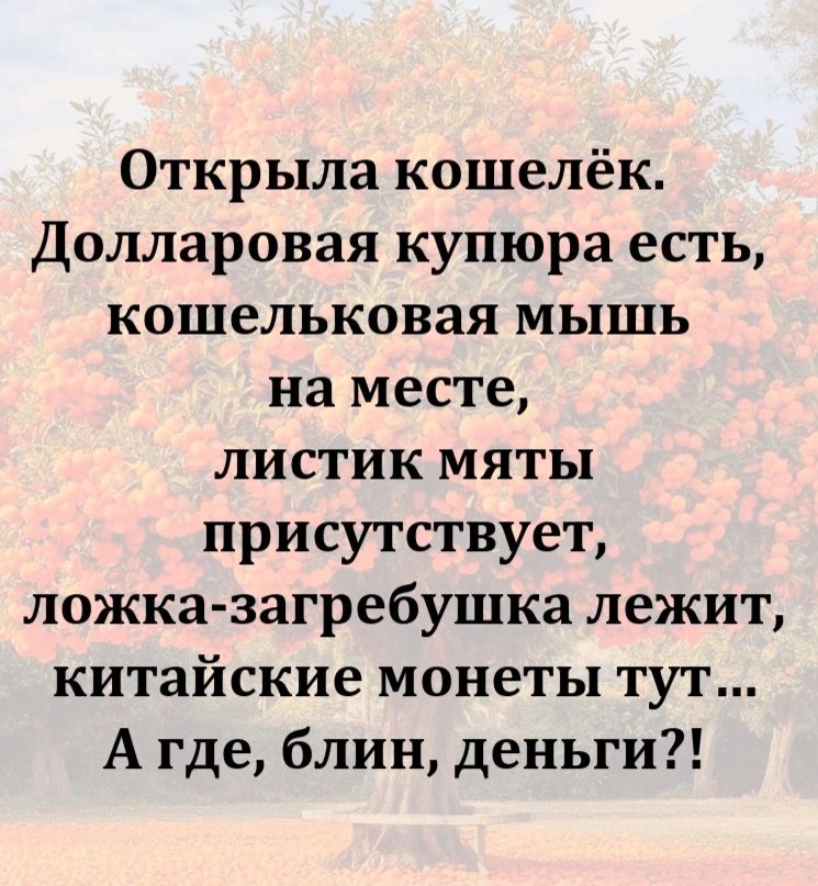 Открыла кошелёк. Долларовая купюра есть, кошельковая мышь на месте, листик мяты присутствует, ложка-загребушка лежит, китайские монеты тут... А где, блин, деньги?!