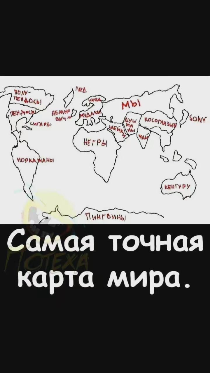 Самая точная карта мира. МЫ, МЫ, КОСОГЛАЗЫЕ, SONY, ДУШИМЫ, НЕГРЫ, МУДАКИ, АБРАМОВИЧ, ЛЕД, ИКЕА, ПЕНДОСЫ, ПОЛУ-ПЕНДОСЫ, СИГАРЫ, НОРКАМАНЫ, ШЕЙХИ, ЧАЙ, КЕНГУРУ, Пингвины