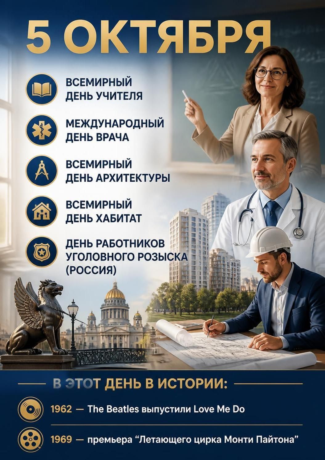 5 ОКТЯБРЯ ВСЕМИРНЫЙ ДЕНЬ УЧИТЕЛЯ МЕЖДУНАРОДНЫЙ ДЕНЬ ВРАЧА ВСЕМИРНЫЙ ДЕНЬ АРХИТЕКТУРЫ ВСЕМИРНЫЙ ДЕНЬ ХАБИТАТ ДЕНЬ РАБОТНИКОВ УГОЛОВНОГО РОЗЫСКА РОССИЯ В ЭТОТ ДЕНЬ В ИСТОРИИ 1962 The Beatles выпустили Love Me Do 1969 премьера Летающего цирка Монти Пайтона