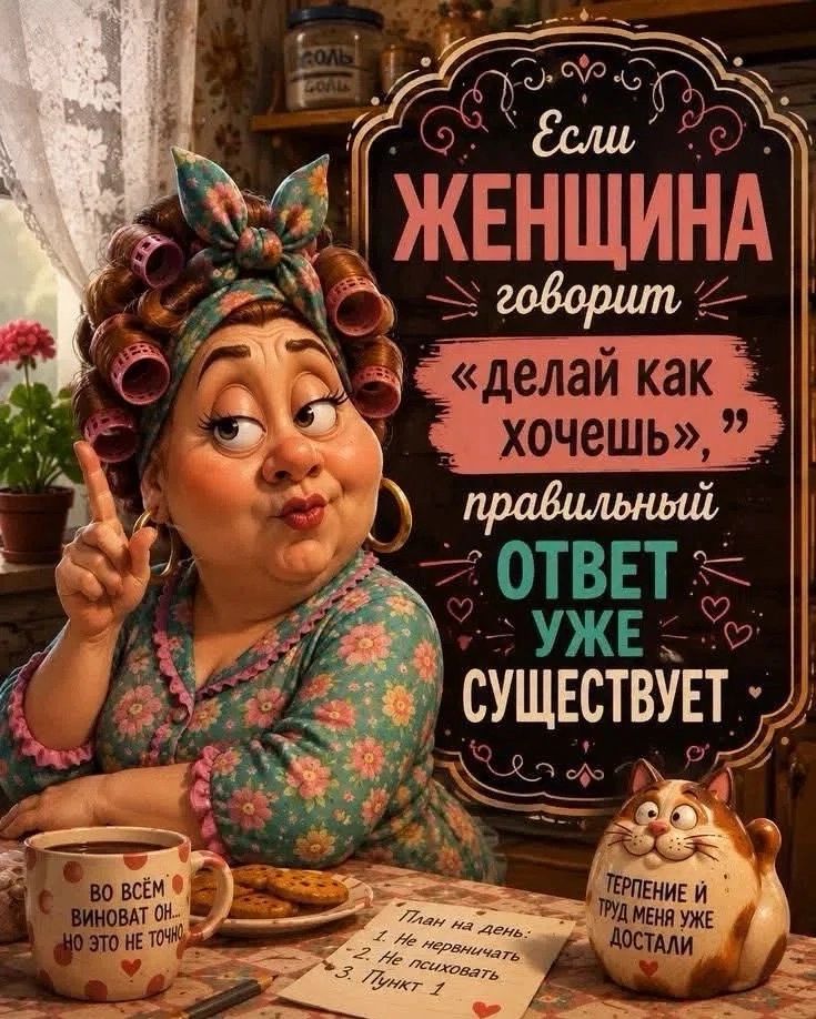 Если ЖЕНЩИНА говорит «делай как хочешь», правильный ОТВЕТ уже СУЩЕСТВУЕТ. ВО ВСЁМ ВИНОВАТ ОН... НО ЭТО НЕ ТОЧНО. План на день: 1. Не нервничать 2. Не психовать 3. Пункт 1. ТЕРПЕНИЕ И ТРУД МЕНЯ УЖЕ ДОСТАЛИ
