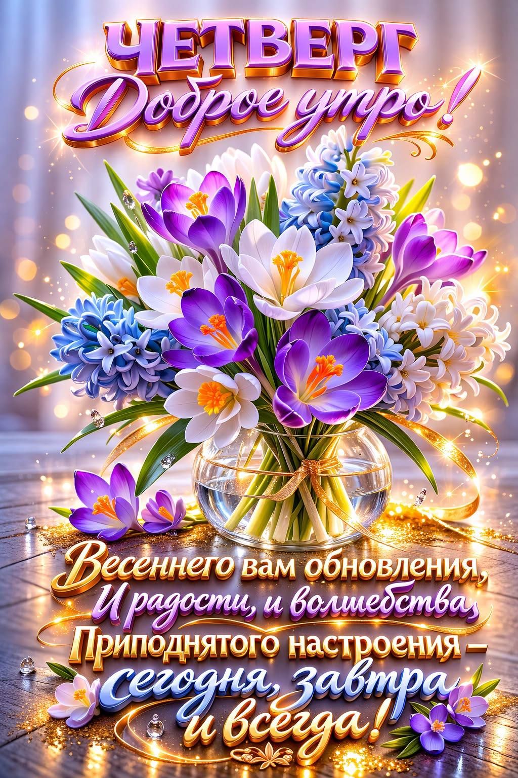 ЧЕТВЕРГ Доброе утро! Весеннего вам обновления, И радости, и волшебства, Приподнятого настроения – сегодня, завтра и всегда!