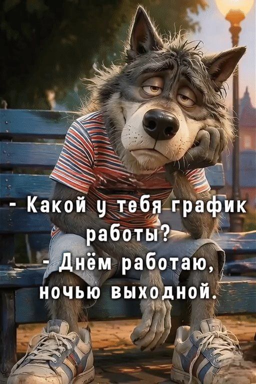 - Какой у тебя график работы?
- Днём работаю, ночью выходной.
