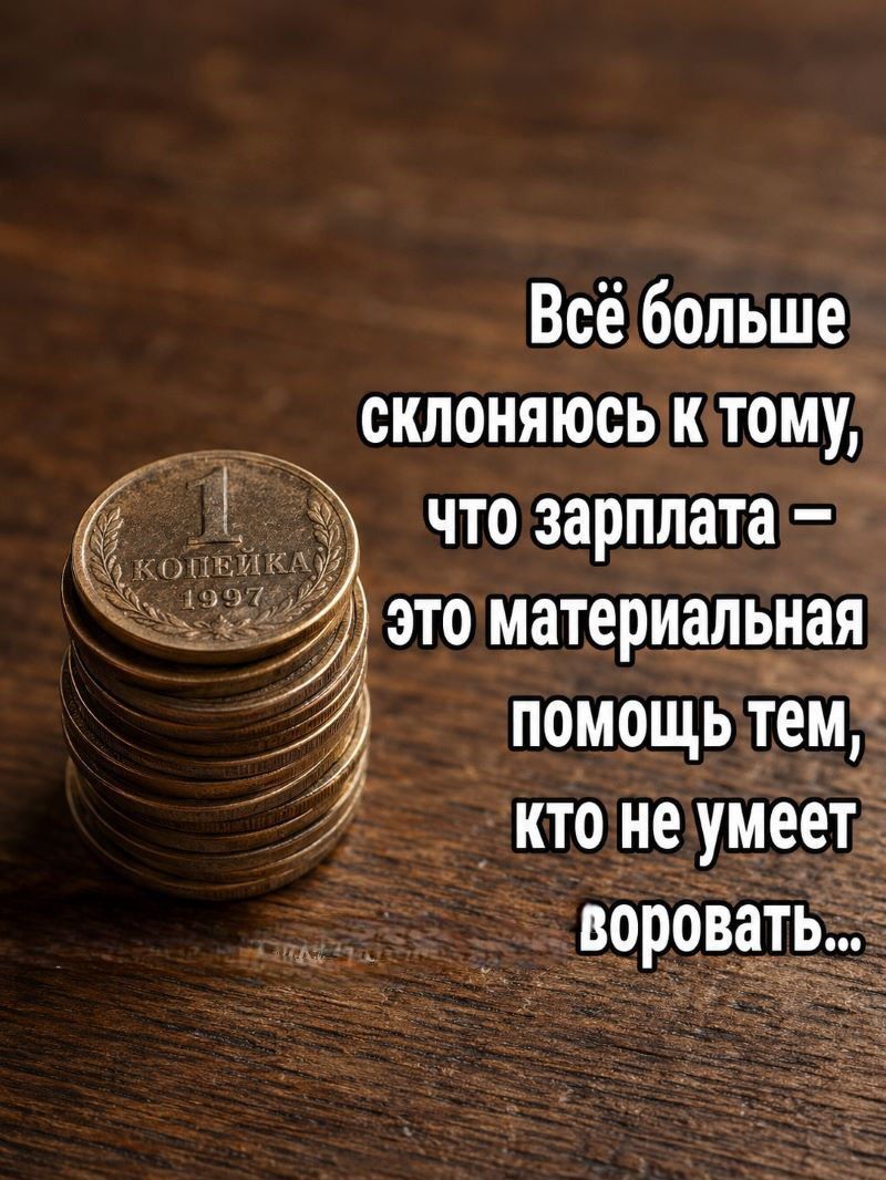Всё больше склоняюсь к тому, что зарплата — это материальная помощь тем, кто не умеет воровать...