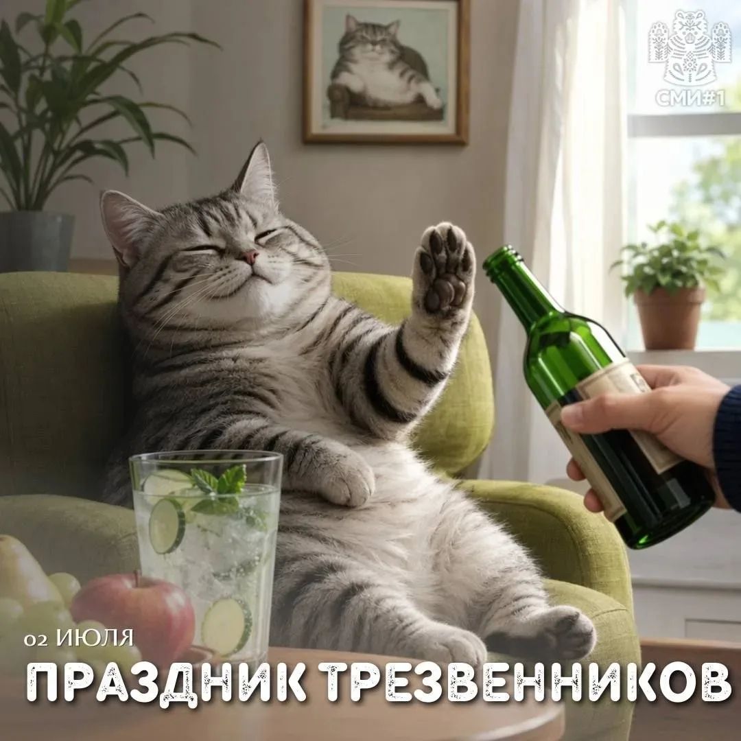 02 ИЮЛЯ ПРАЗДНИК ТРЕЗВЕННИКОВ. Кот сидит на кресле, отмахиваясь лапой от бутылки алкоголя, рядом стоит стакан с водой и огурцом.