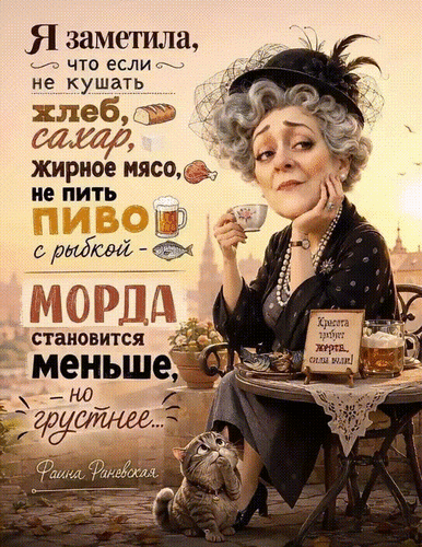 Я заметила, что если не кушать хлеб, сахар, жирное мясо, не пить пиво с рыбкой - морда становится меньше, но грустнее... Фаина Раневская