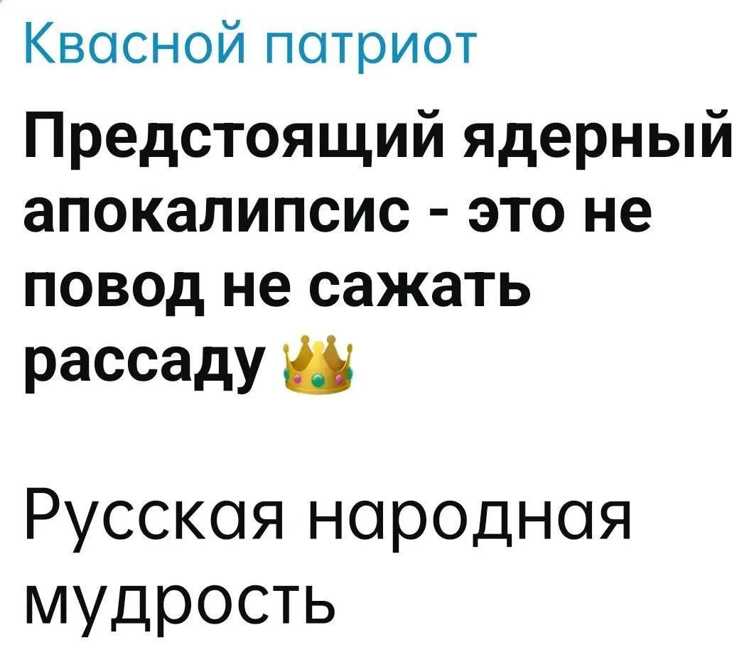 Квасной патриот Предстоящий ядерный апокалипсис - это не повод не сажать рассаду 👑 Русская народная мудрость