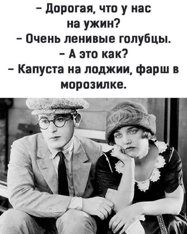 – Дорогая, что у нас на ужин? – Очень ленивые голубцы. – А это как? – Капуста на лоджии, фарш в морозилке.