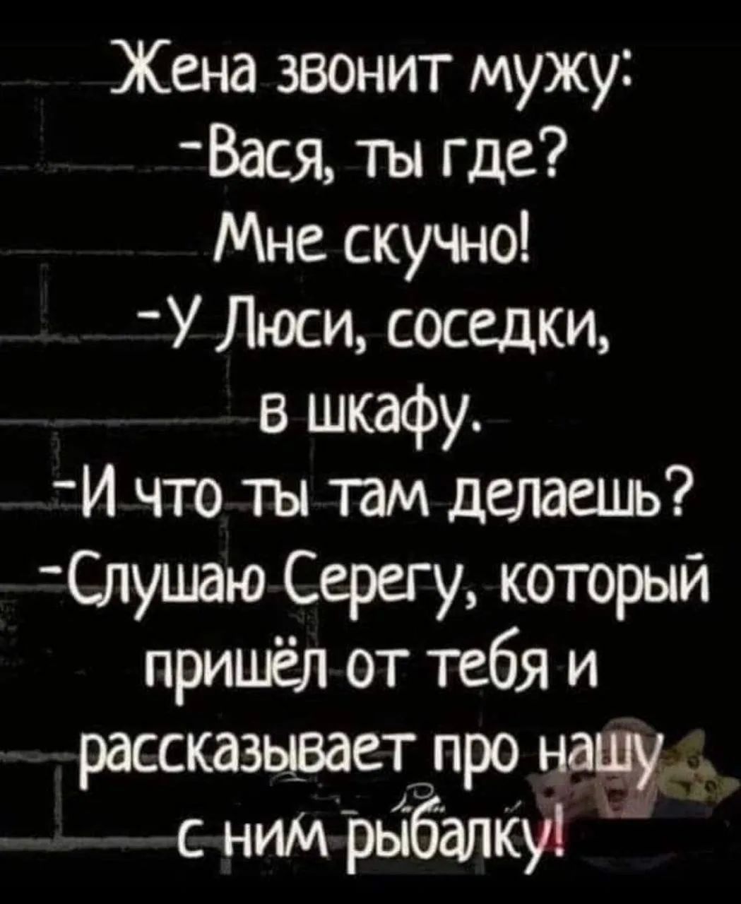 Жена звонит мужу: -Вася, ты где? Мне скучно! -У Люси, соседки, в шкафу. -И что ты там делаешь? -Слушаю Серегу, который пришёл от тебя и рассказывает про нашу с ним рыбалку!