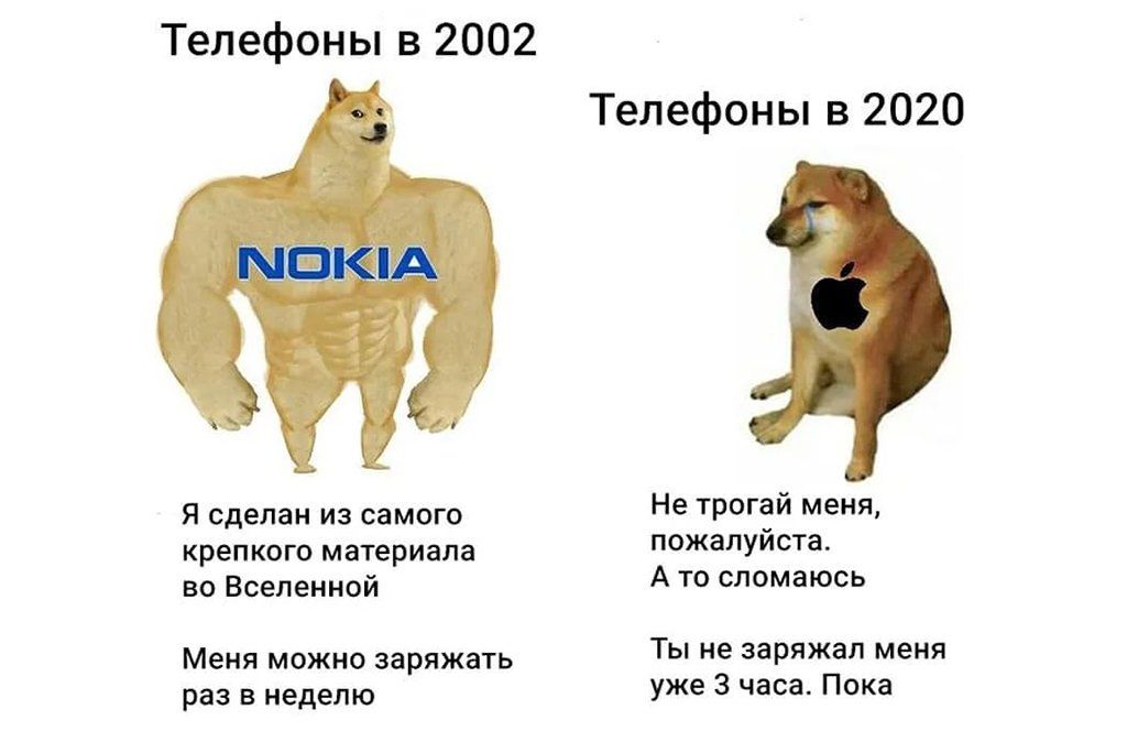 Телефоны в 2002 NOKIA Я сделан из самого крепкого материала во Вселенной Меня можно заряжать раз в неделю Телефоны в 2020 Не трогай меня, пожалуйста. А то сломаюсь Ты не заряжал меня уже 3 часа. Пока