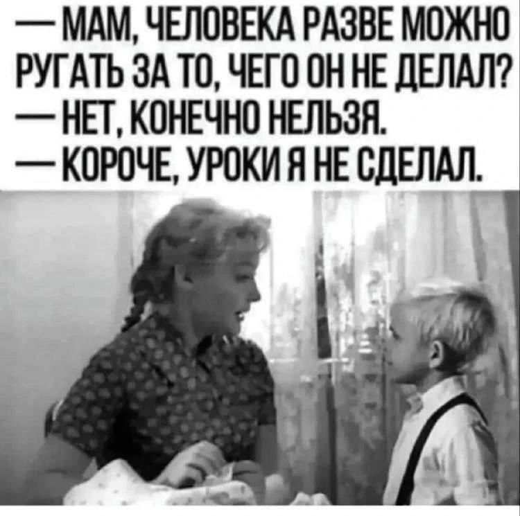 — МАМ, ЧЕЛОВЕКА РАЗВЕ МОЖНО РУГАТЬ ЗА ТО, ЧЕГО ОН НЕ ДЕЛАЛ?
— НЕТ, КОНЕЧНО НЕЛЬЗЯ.
— КОРОЧЕ, УРОКИ Я НЕ СДЕЛАЛ.